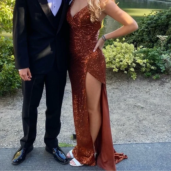 Rust colored sequin formal dress with slit on side (size 2) - Picture 2 of 2